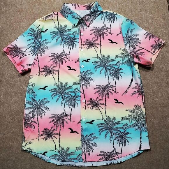 Tropical Palm Vacation Print Men's Short Sleeve Button Down Shirt #4 - Picture 5 of 8